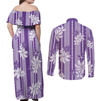 Hawaii Kakau Tribal Couples Matching Off Shoulder Maxi Dress and Long Sleeve Button Shirt With Purple Tiare