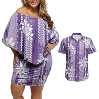 Hawaii Kakau Tribal Couples Matching Off Shoulder Short Dress and Hawaiian Shirt With Purple Tiare LT05 Purple - Polynesian Pride