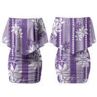 Hawaii Kakau Tribal Couples Matching Off Shoulder Short Dress and Hawaiian Shirt With Purple Tiare LT05 - Polynesian Pride