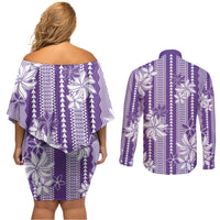 Hawaii Kakau Tribal Couples Matching Off Shoulder Short Dress and Long Sleeve Button Shirt With Purple Tiare