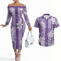 Hawaii Kakau Tribal Couples Matching Off The Shoulder Long Sleeve Dress and Hawaiian Shirt With Purple Tiare LT05 Purple - Polynesian Pride