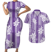 Hawaii Kakau Tribal Couples Matching Short Sleeve Bodycon Dress and Hawaiian Shirt With Purple Tiare LT05 Purple - Polynesian Pride