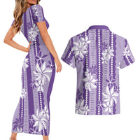 Hawaii Kakau Tribal Couples Matching Short Sleeve Bodycon Dress and Hawaiian Shirt With Purple Tiare LT05 - Polynesian Pride