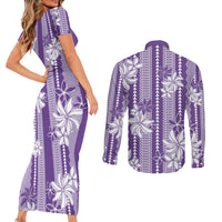 Hawaii Kakau Tribal Couples Matching Short Sleeve Bodycon Dress and Long Sleeve Button Shirt With Purple Tiare LT05 - Polynesian Pride