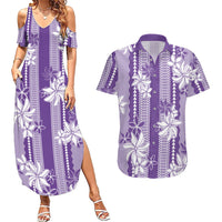 Hawaii Kakau Tribal Couples Matching Summer Maxi Dress and Hawaiian Shirt With Purple Tiare LT05 Purple - Polynesian Pride