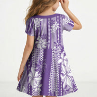 Hawaii Kakau Tribal Kid Short Sleeve Dress With Purple Tiare LT05 - Polynesian Pride