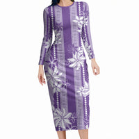Hawaii Kakau Tribal Long Sleeve Bodycon Dress With Purple Tiare LT05 Long Dress Purple - Polynesian Pride