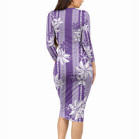 Hawaii Kakau Tribal Long Sleeve Bodycon Dress With Purple Tiare LT05 - Polynesian Pride
