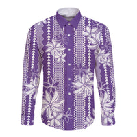 Hawaii Kakau Tribal Long Sleeve Button Shirt With Purple Tiare LT05 Unisex Purple - Polynesian Pride