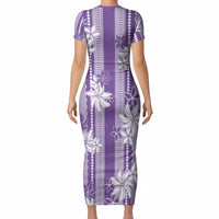 Hawaii Kakau Tribal Short Sleeve Bodycon Dress With Purple Tiare LT05 - Polynesian Pride
