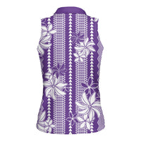 Hawaii Kakau Tribal Women Sleeveless Polo Shirt With Purple Tiare