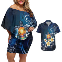 Hawaii Honu Couples Matching Off Shoulder Short Dress and Hawaiian Shirt Polynesian Curves Plumeria - Polynesian Pride