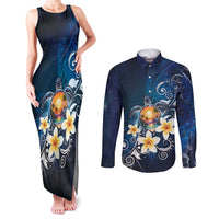 Hawaii Honu Couples Matching Tank Maxi Dress and Long Sleeve Button Shirt Polynesian Curves Plumeria - Polynesian Pride