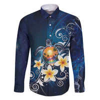Hawaii Honu Family Matching Off Shoulder Short Dress and Hawaiian Shirt Polynesian Curves Plumeria LT05 Dad's Shirt - Long Sleeve Navy - Polynesian Pride