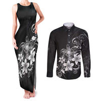 Hawaii Honu Couples Matching Tank Maxi Dress and Long Sleeve Button Shirt Polynesian Curves Plumeria Grayscale - Polynesian Pride