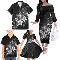 Hawaii Honu Family Matching Off The Shoulder Long Sleeve Dress and Hawaiian Shirt Polynesian Curves Plumeria Grayscale LT05 - Polynesian Pride