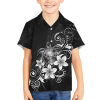 Hawaii Honu Family Matching Off The Shoulder Long Sleeve Dress and Hawaiian Shirt Polynesian Curves Plumeria Grayscale LT05 Son's Shirt Black - Polynesian Pride
