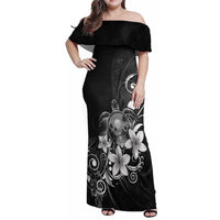 Hawaii Honu Family Matching Off Shoulder Maxi Dress and Hawaiian Shirt Polynesian Curves Plumeria Grayscale LT05 Mom's Dress Black - Polynesian Pride