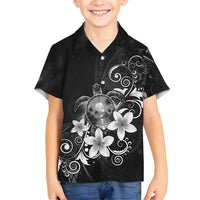 Hawaii Honu Family Matching Off Shoulder Maxi Dress and Hawaiian Shirt Polynesian Curves Plumeria Grayscale LT05 Son's Shirt Black - Polynesian Pride