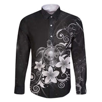 Hawaii Honu Family Matching Off Shoulder Short Dress and Hawaiian Shirt Polynesian Curves Plumeria Grayscale LT05 Dad's Shirt - Long Sleeve Black - Polynesian Pride