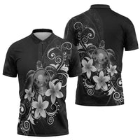 Hawaii Honu Zipper Polo Shirt Polynesian Curves Plumeria Grayscale - Polynesian Pride