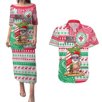 Hawaii Christmas Couples Matching Puletasi Dress and Hawaiian Shirt Santa Claus Surf Mele Kalikimaka LT05 Red - Polynesian Pride