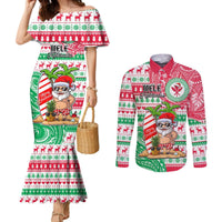 Personalized Hawaii Christmas Couples Matching Mermaid Dress and Long Sleeve Button Shirts Santa Claus Surf Mele Kalikimaka LT05 Red - Polynesian Pride