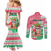 Personalized Hawaii Christmas Couples Matching Mermaid Dress and Long Sleeve Button Shirts Santa Claus Surf Mele Kalikimaka LT05 - Polynesian Pride