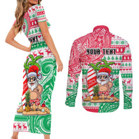 Personalized Hawaii Christmas Couples Matching Short Sleeve Bodycon Dress and Long Sleeve Button Shirts Santa Claus Surf Mele Kalikimaka LT05 - Polynesian Pride