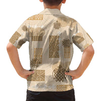 Vintage Lapita Family Matching Off The Shoulder Long Sleeve Dress and Hawaiian Shirt Iconic Double Face Pattern Beige