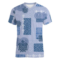 Vintage Lapita Women V-Neck T-Shirt Iconic Double Face Pattern Blue