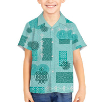 Vintage Lapita Family Matching Off Shoulder Maxi Dress and Hawaiian Shirt Iconic Double Face Pattern Turquoise LT05