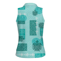 Vintage Lapita Women Sleeveless Polo Shirt Iconic Double Face Pattern Turquoise LT05