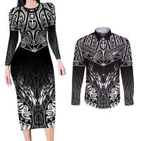 Custom New Zealand Fishing Couples Matching Long Sleeve Bodycon Dress and Long Sleeve Button Shirt Aotearoa Maori Koru LT05 Black - Polynesian Pride