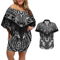 Custom New Zealand Fishing Couples Matching Off Shoulder Short Dress and Hawaiian Shirt Aotearoa Maori Koru LT05 Black - Polynesian Pride