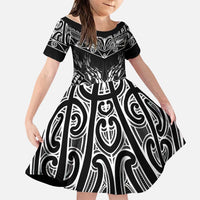 Custom New Zealand Fishing Family Matching Off Shoulder Short Dress and Hawaiian Shirt Aotearoa Maori Koru LT05 Daughter's Dress Black - Polynesian Pride