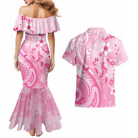 Personalised Memorial Pink Breast Cancer Awareness Couples Matching Mermaid Dress and Hawaiian Shirt Plumeria Floral Tribal Pattern LT05 - Polynesian Pride