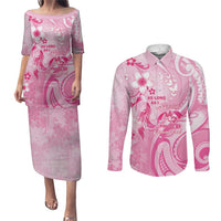 Personalised Memorial Pink Breast Cancer Awareness Couples Matching Puletasi and Long Sleeve Button Shirt Plumeria Floral Tribal Pattern - Polynesian Pride