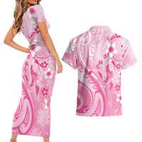 Personalised Memorial Pink Breast Cancer Awareness Couples Matching Short Sleeve Bodycon Dress and Hawaiian Shirt Plumeria Floral Tribal Pattern LT05 - Polynesian Pride
