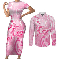 Personalised Memorial Pink Breast Cancer Awareness Couples Matching Short Sleeve Bodycon Dress and Long Sleeve Button Shirt Plumeria Floral Tribal Pattern LT05 Pink - Polynesian Pride