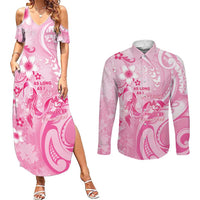 Personalised Memorial Pink Breast Cancer Awareness Couples Matching Summer Maxi Dress and Long Sleeve Button Shirt Plumeria Floral Tribal Pattern LT05 Pink - Polynesian Pride