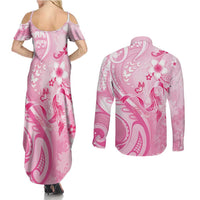 Personalised Memorial Pink Breast Cancer Awareness Couples Matching Summer Maxi Dress and Long Sleeve Button Shirt Plumeria Floral Tribal Pattern LT05 - Polynesian Pride