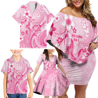 Personalised Memorial Pink Breast Cancer Awareness Family Matching Off Shoulder Short Dress and Hawaiian Shirt Plumeria Floral Tribal Pattern LT05 - Polynesian Pride