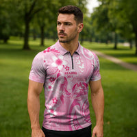 Personalised Memorial Pink Breast Cancer Awareness Zipper Polo Shirt Plumeria Floral Tribal Pattern - Polynesian Pride