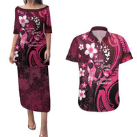 Personalised Memorial Breast Cancer Awareness Couples Matching Puletasi and Hawaiian Shirt Plumeria Floral Tribal Pattern - Polynesian Pride