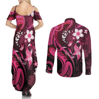 Personalised Memorial Breast Cancer Awareness Couples Matching Summer Maxi Dress and Long Sleeve Button Shirt Plumeria Floral Tribal Pattern - Polynesian Pride