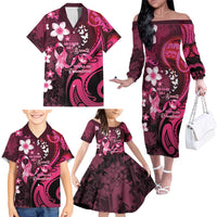 Personalised Memorial Breast Cancer Awareness Family Matching Off The Shoulder Long Sleeve Dress and Hawaiian Shirt Plumeria Floral Tribal Pattern LT05 - Polynesian Pride