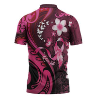 Personalised Memorial Breast Cancer Awareness Zipper Polo Shirt Plumeria Floral Tribal Pattern - Polynesian Pride