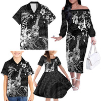 Hawaii Ukulele Family Matching Off The Shoulder Long Sleeve Dress and Hawaiian Shirt Polynesian Pattern Mix Hibiscus Black Version LT05