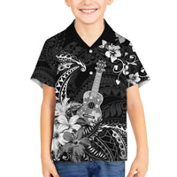Hawaii Ukulele Family Matching Off The Shoulder Long Sleeve Dress and Hawaiian Shirt Polynesian Pattern Mix Hibiscus Black Version LT05